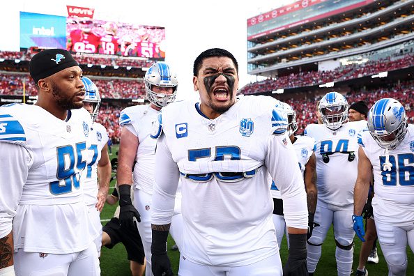 Penei Sewell #58 of the Detroit Lions gives a speech in the team huddle prior to the NFC Championship NFL football game against the San Francisco 49ers at Levi's Stadium on January 28, 2024 in Santa Clara, California.