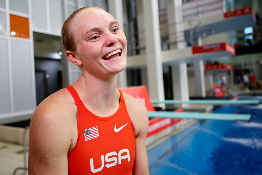 KNOXVILLE, TENNESSEE - JUNE 23: Delaney Schnell reacts after competing in the Women's 10M Finals during the U.S. Olympic Diving Team Trials at Allan Jones Intercollegiate Aquatic Center on June 23, 2024 in Knoxville, Tennessee. (Photo by Alex Slitz/Getty Images)
