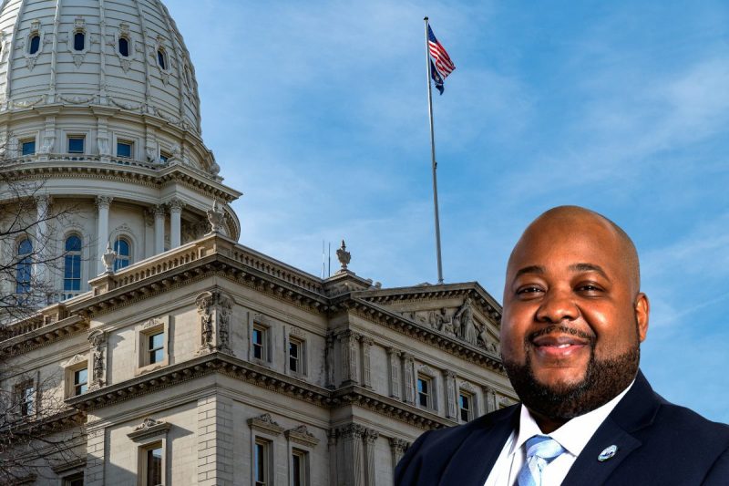 Photo of Daniel Mahoney placed in front of Michigan Capitol