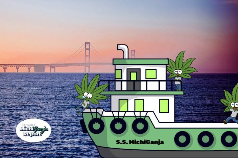 Animated weed leaf characters riding a boat called SS MichiGanja