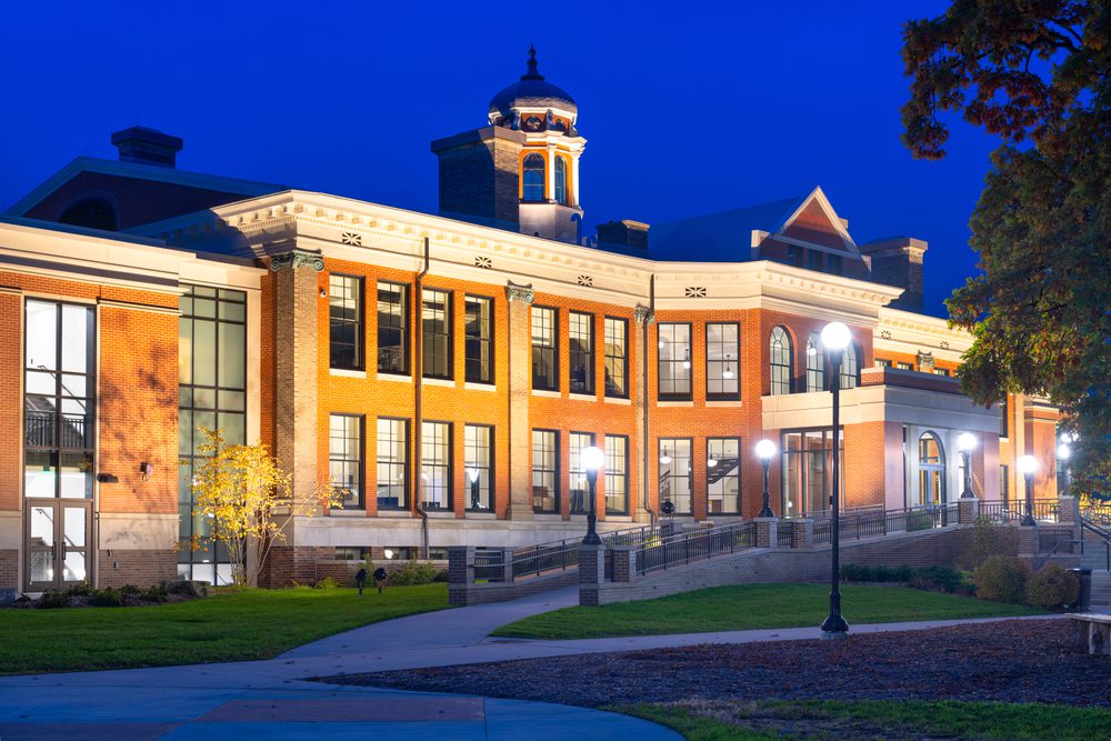 Historic East Campus at Western Michigan University during twilight.