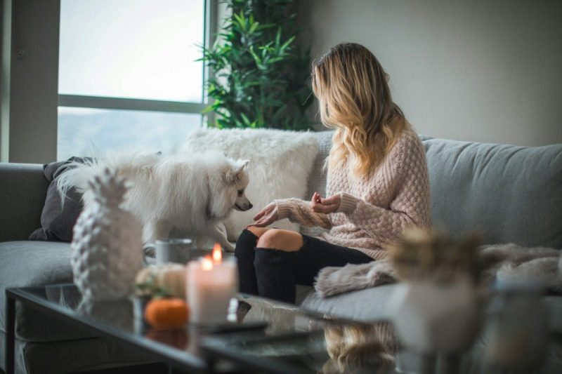 Blonde woman sits on the couch with her small white dog.