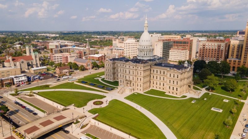 Lansing, Michigan, USA - Aug 15, 2024: Historic Capital building in downtown Lansing Michigan