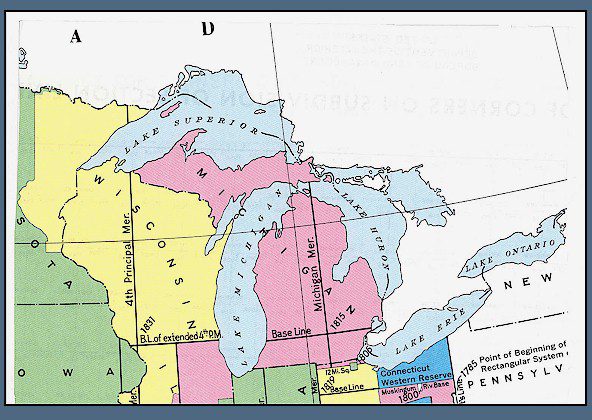 A map depicting the meridian lines in Wisconsin and Michigan, likely created by the United States Bureau of Land Management (USBLM). Credit: U.S. Bureau of Land Management