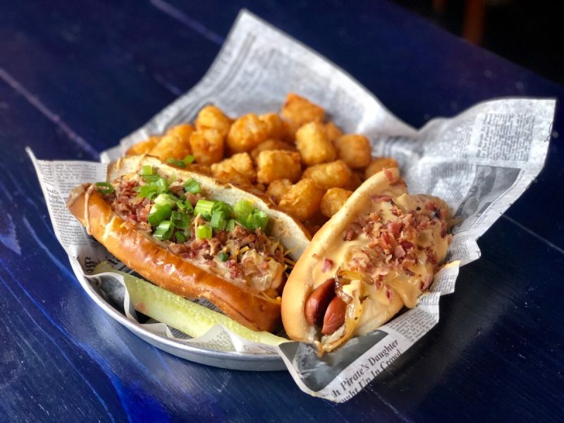 Two delicious hot dogs from Blue Dog Tavern